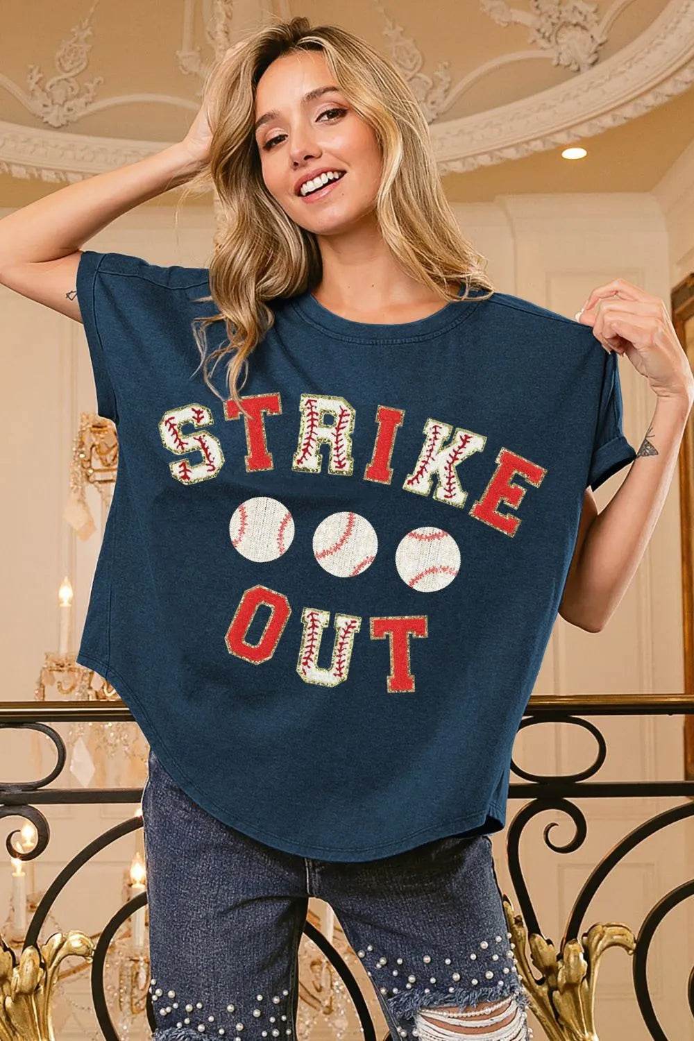 BiBi Strikeout Letter Patches Washed Short Sleeve Top