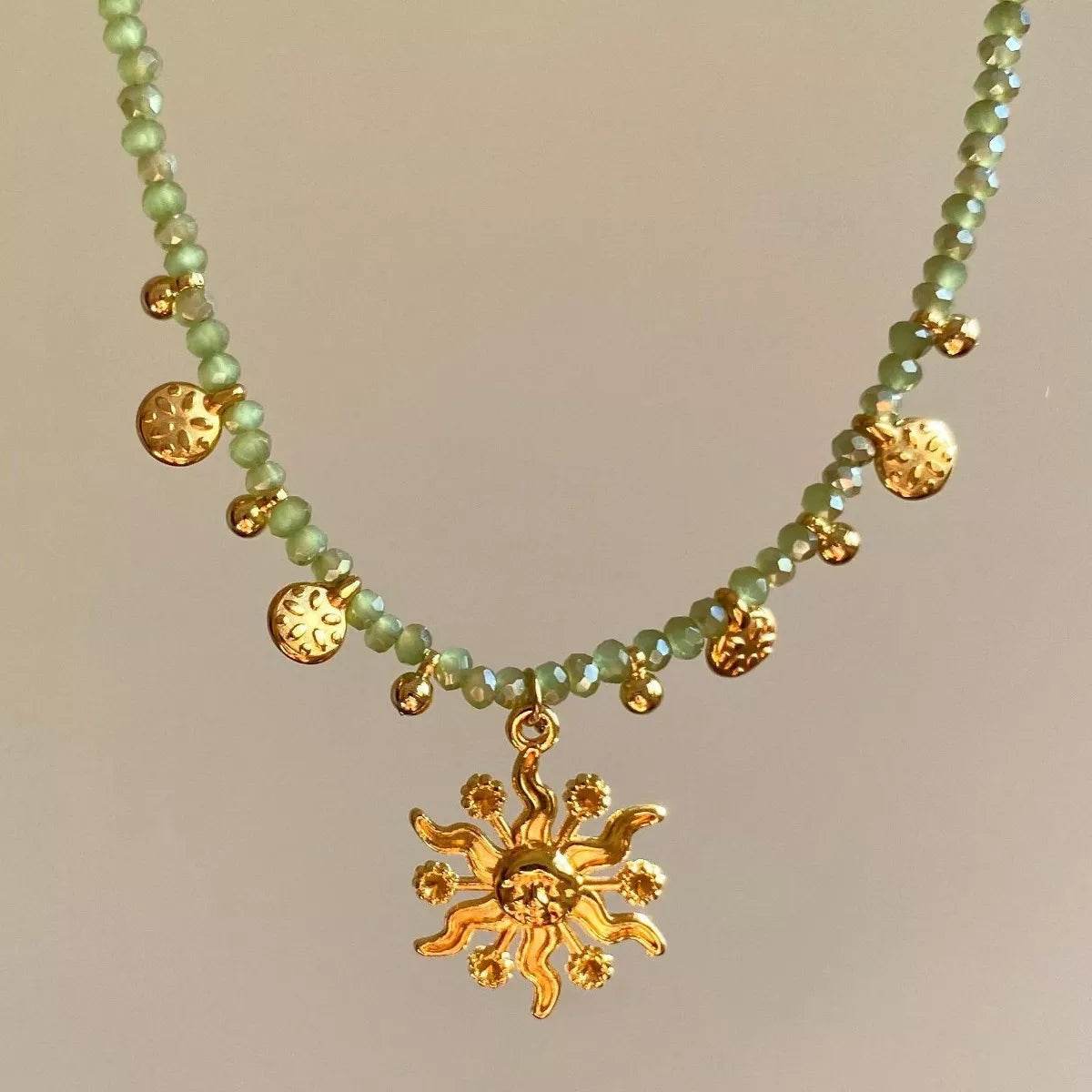 14K Gold-Plated Sun Pendant Necklace with Beads - Elegant Copper Jewelry for Everyday Wear