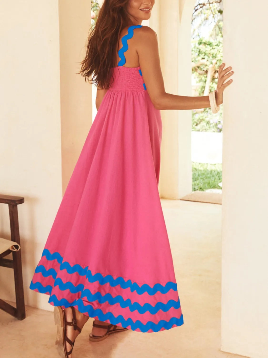 Contrast Trim Square Neck Maxi Cami Dress Pink Blue