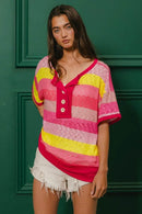 BiBi Multi Color Stripe Hacci Button Detail Ringer Top - Store 42