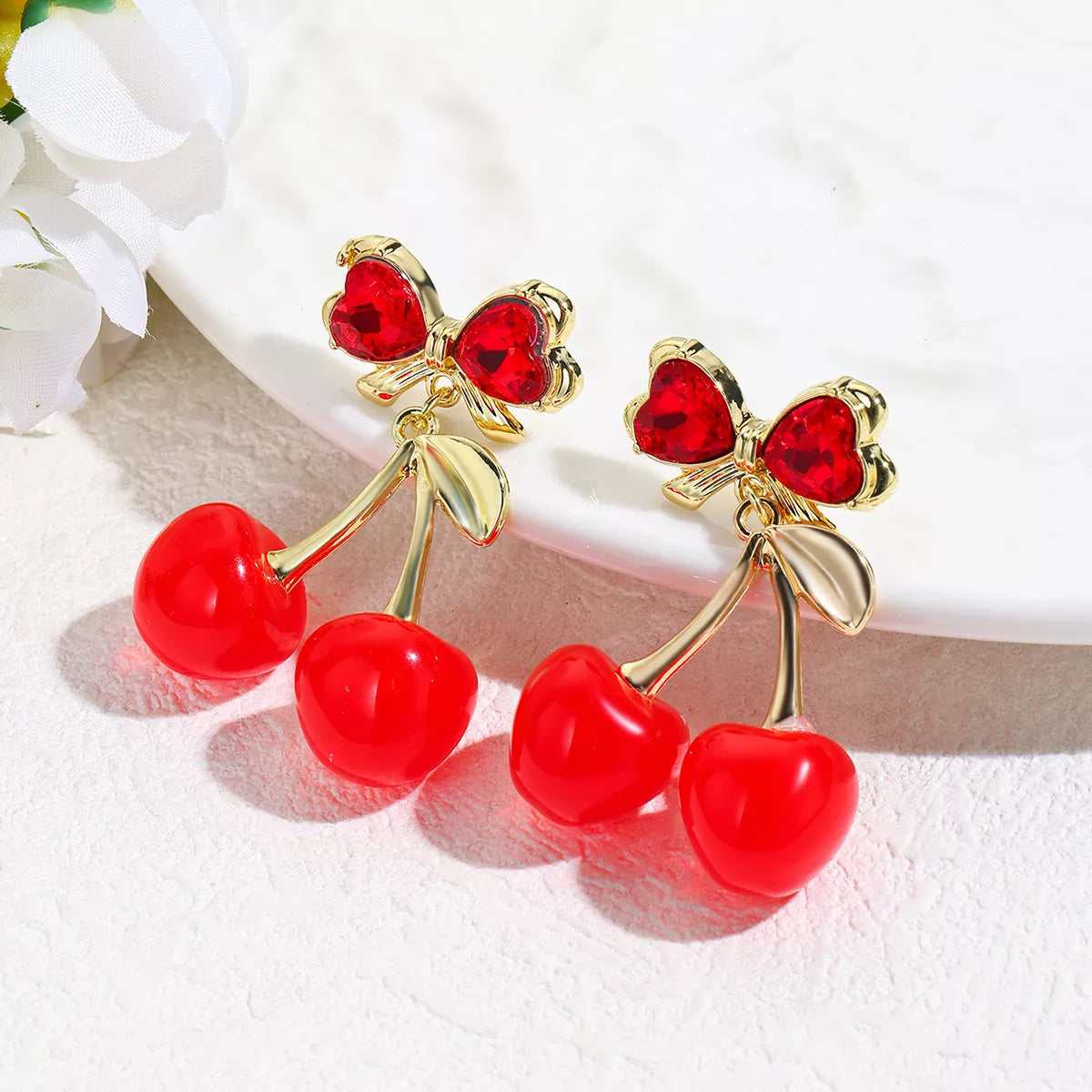 Elegant 18K Gold-Plated Cherry Drop Earrings with Resin Accents - Trendy Statement Jewelry