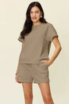 Double Take Full Size Texture Short Sleeve T-Shirt and Drawstring Shorts Set Mocha