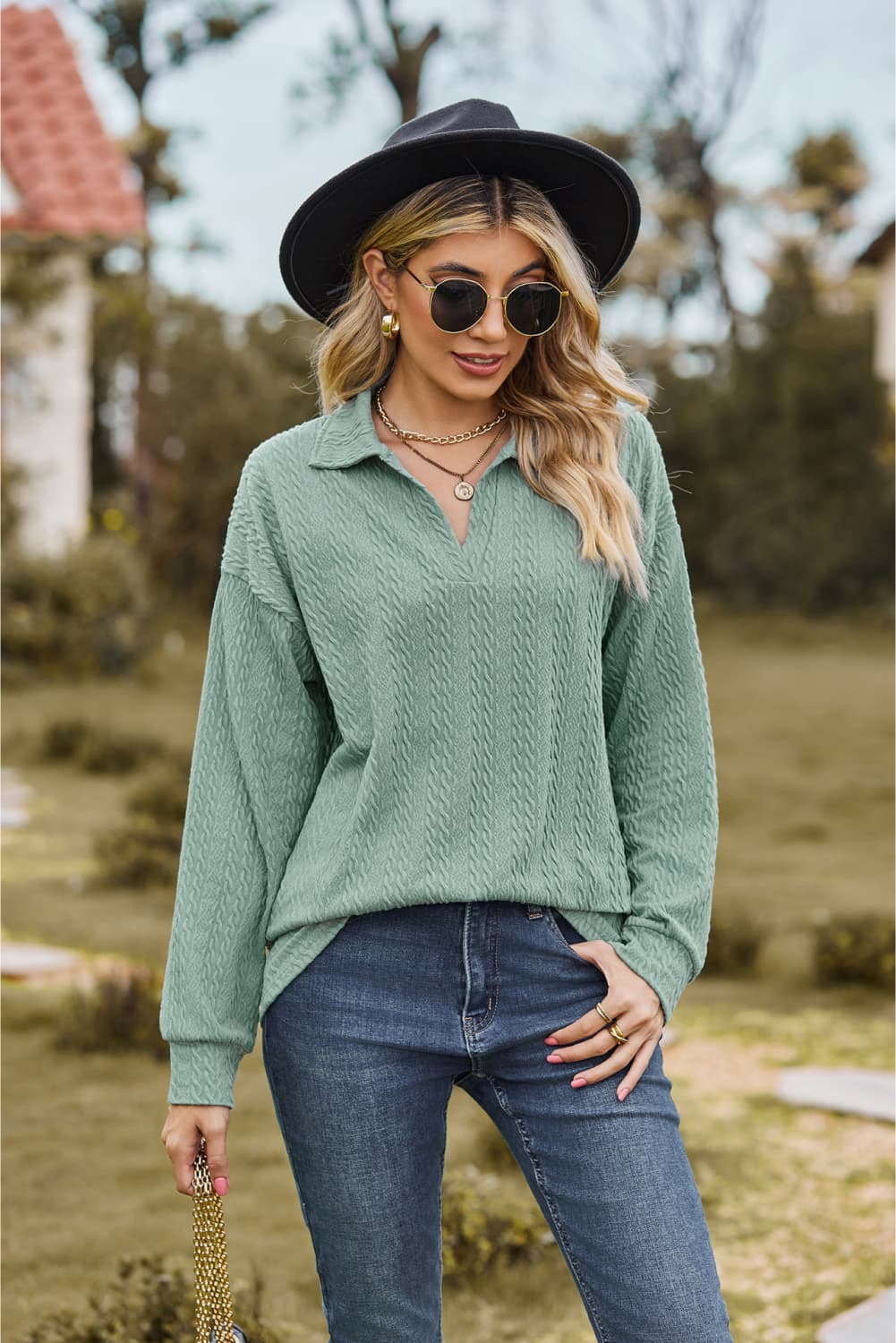 Casual Long Sleeve Blouse with Collared Neck and Cable-Knit Design - Opaque & Slightly Stretchy