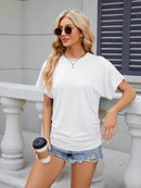 Slightly Stretchy Ruched Round Neck Short Sleeve T-Shirt for Women - Casual Basic Tops - Store 42