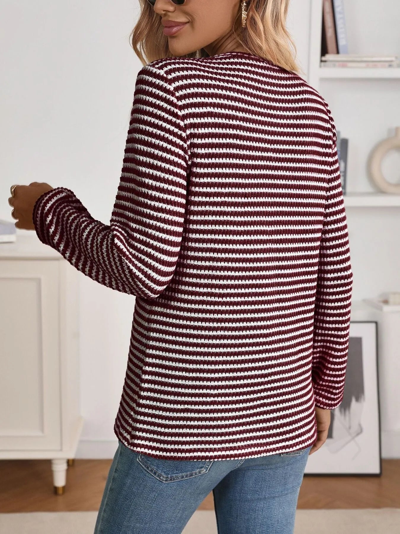 Striped Button Detail Long Sleeve Top