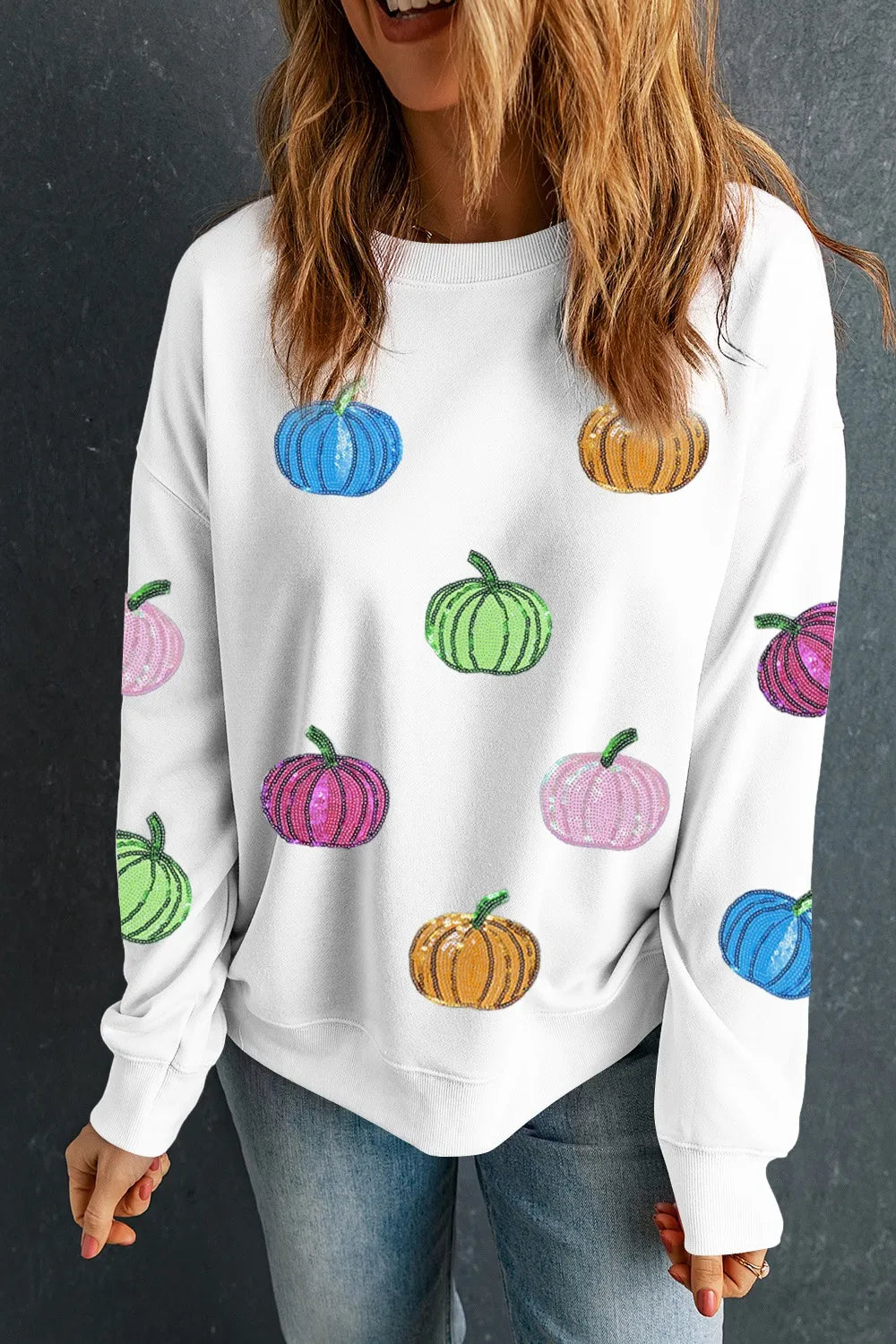 Trendy Pumpkin Long Sleeve Sweatshirt with Sequin Detail - Comfortable & Stylish