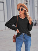 Elegant Eyelet V-Neck Blouse with Flounce Sleeves - Slightly Stretchy Cotton Blend - Store 42