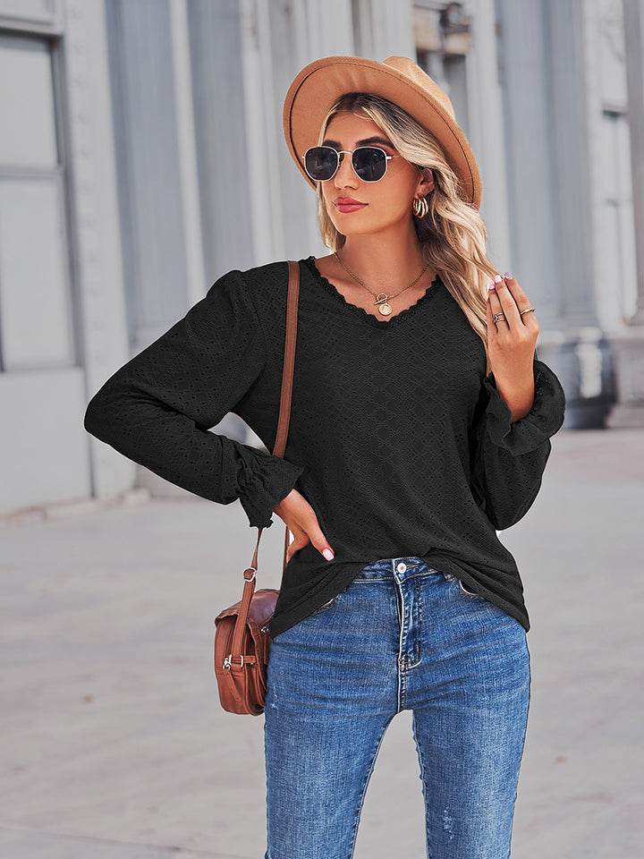 Elegant Eyelet V-Neck Blouse with Flounce Sleeves - Slightly Stretchy Cotton Blend - Store 42