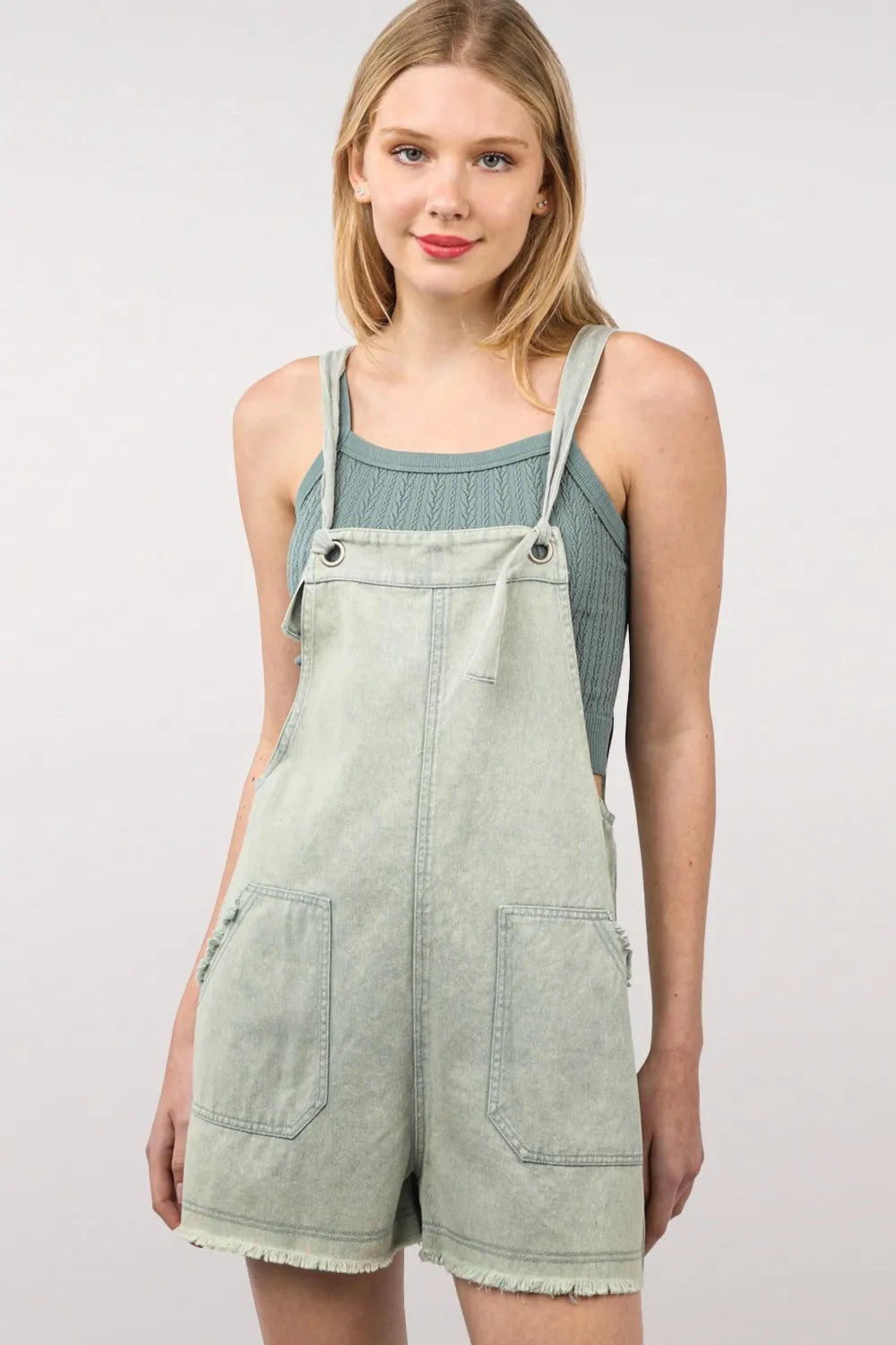 Trendy Very J Washed Cotton Denim Overall with Frayed Hem and Pockets for Casual Outings