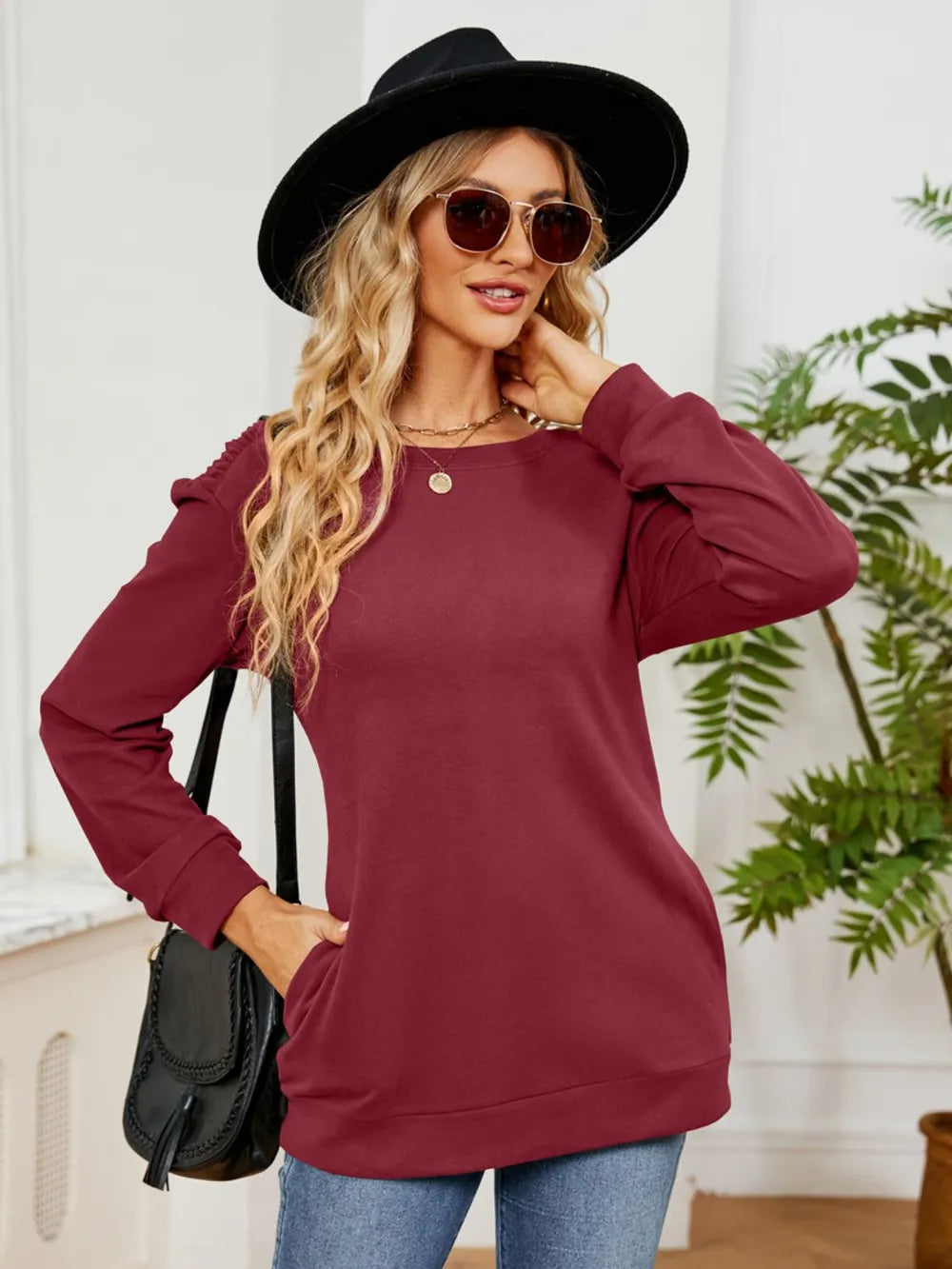 Stylish Ruched Shoulder Round Neck Long Sleeve Sweatshirt With Pockets - Slightly Stretchy Fabric