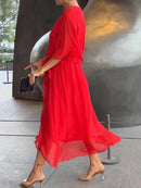 Full Size Flowy Tie Front Midi Dress with Flutter Sleeves Plus Size - Store 42