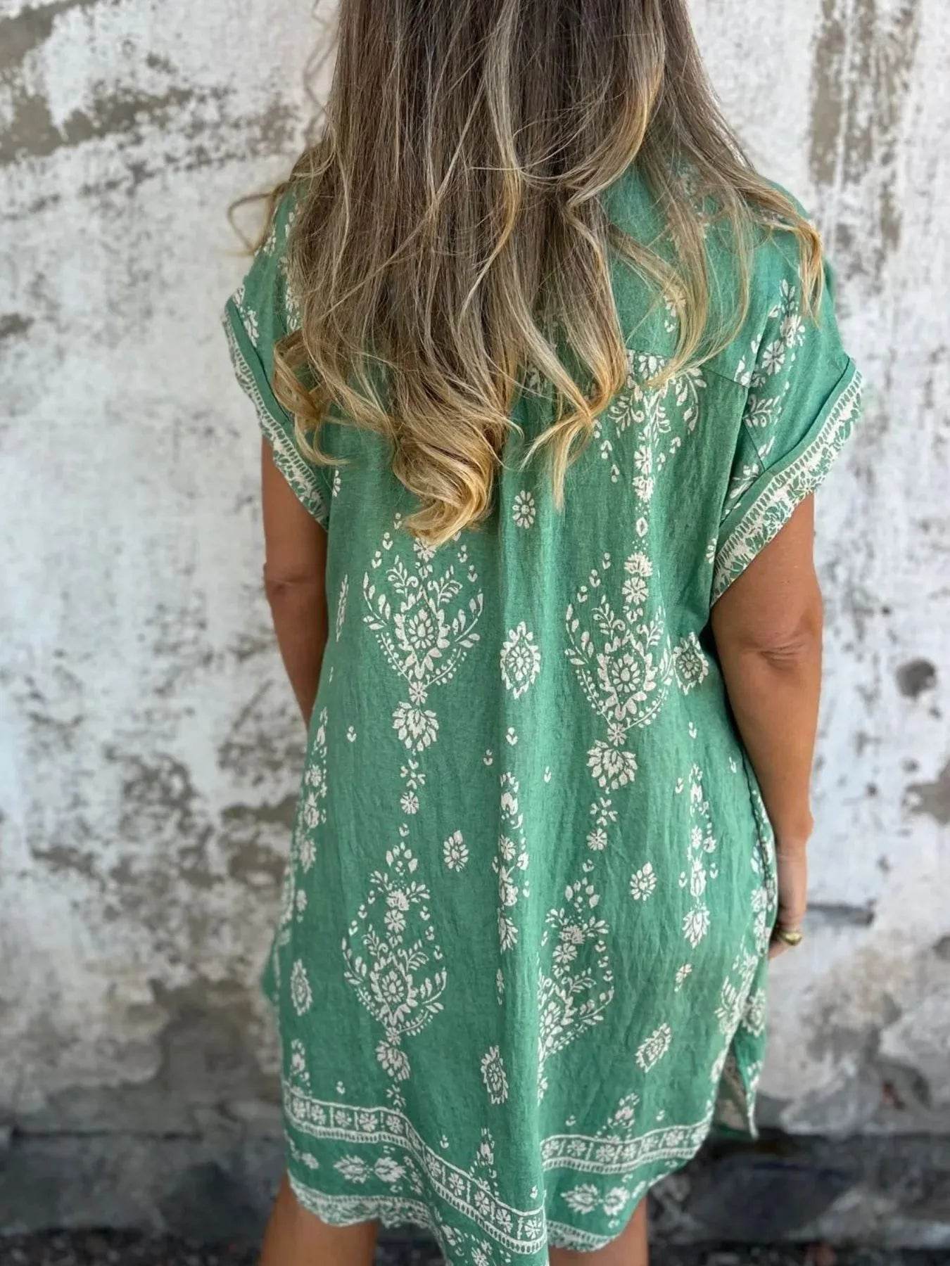 Full Size Printed Short Sleeve Button-Up Shirt Dress Plus Size - Store 42