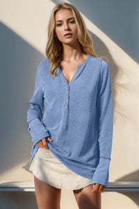 Double Take Full Size Notched Thumbhole Long Sleeve T-Shirt Light Blue