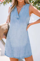 Wash Notched Sleeveless Mini Denim Dress Light Blue