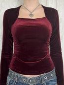 Elegant Velvet Long Sleeve Square Neck T-Shirt for Women - Slightly Stretchy Comfort - Store 42