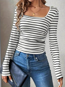 Chic Striped Square Neck Long Sleeve T-Shirt in Black and White - Fitted & Stretch Cotton Blend - Store 42