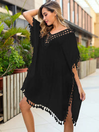 Tassel Cutout Half Sleeve Cover-Up Black One Size