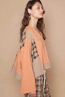 POL V-Neck Long Sleeve Plaid Contrast Top with Texture Knit Detail - Store 42
