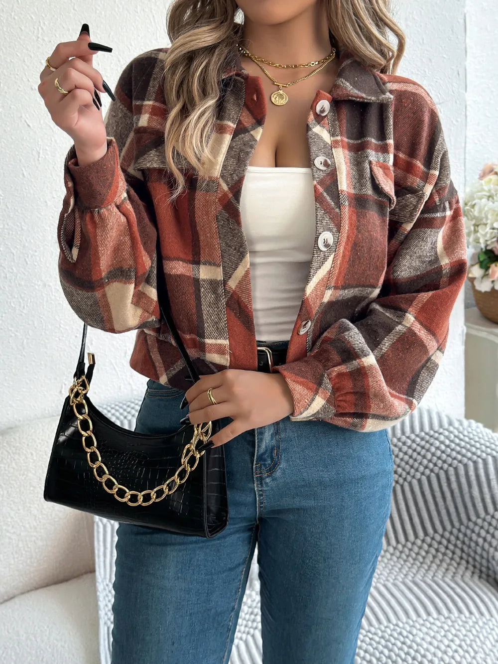 Trendsi Plaid Button-Up Long Sleeve Jacket for Women - 100% Polyester, Normal Thickness