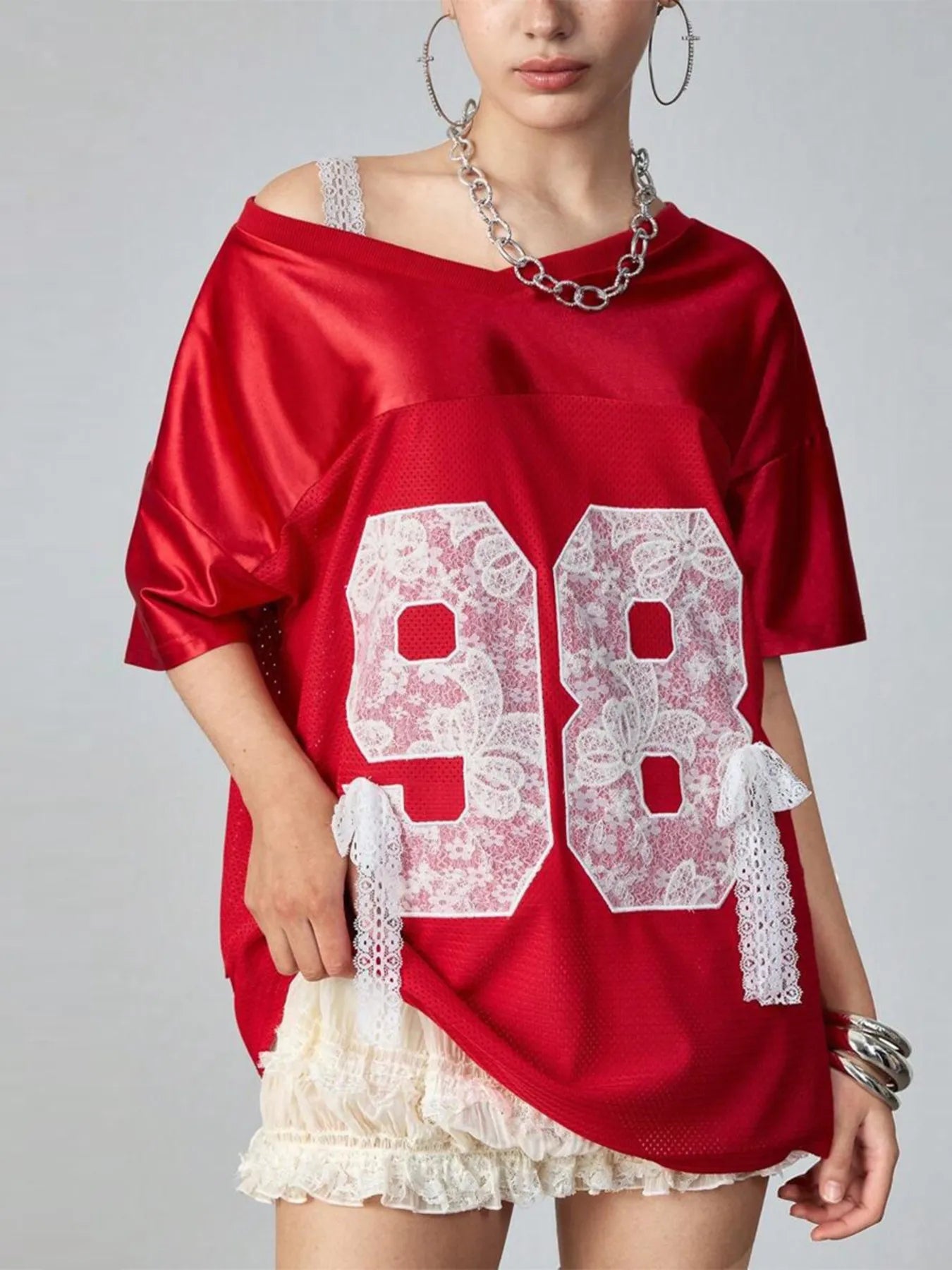 Trendy Oversized Number 98 Half Sleeve T-Shirt with Lace and Bow Detail for Casual Style