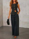 Button Down Vest and Wide Leg Jeans Denim Set Dark