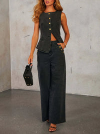 Button Down Vest and Wide Leg Jeans Denim Set Dark