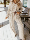 Sleek Stripe Collared Two-Piece Top and Drawstring Pant Set for Effortless Style - Store 42