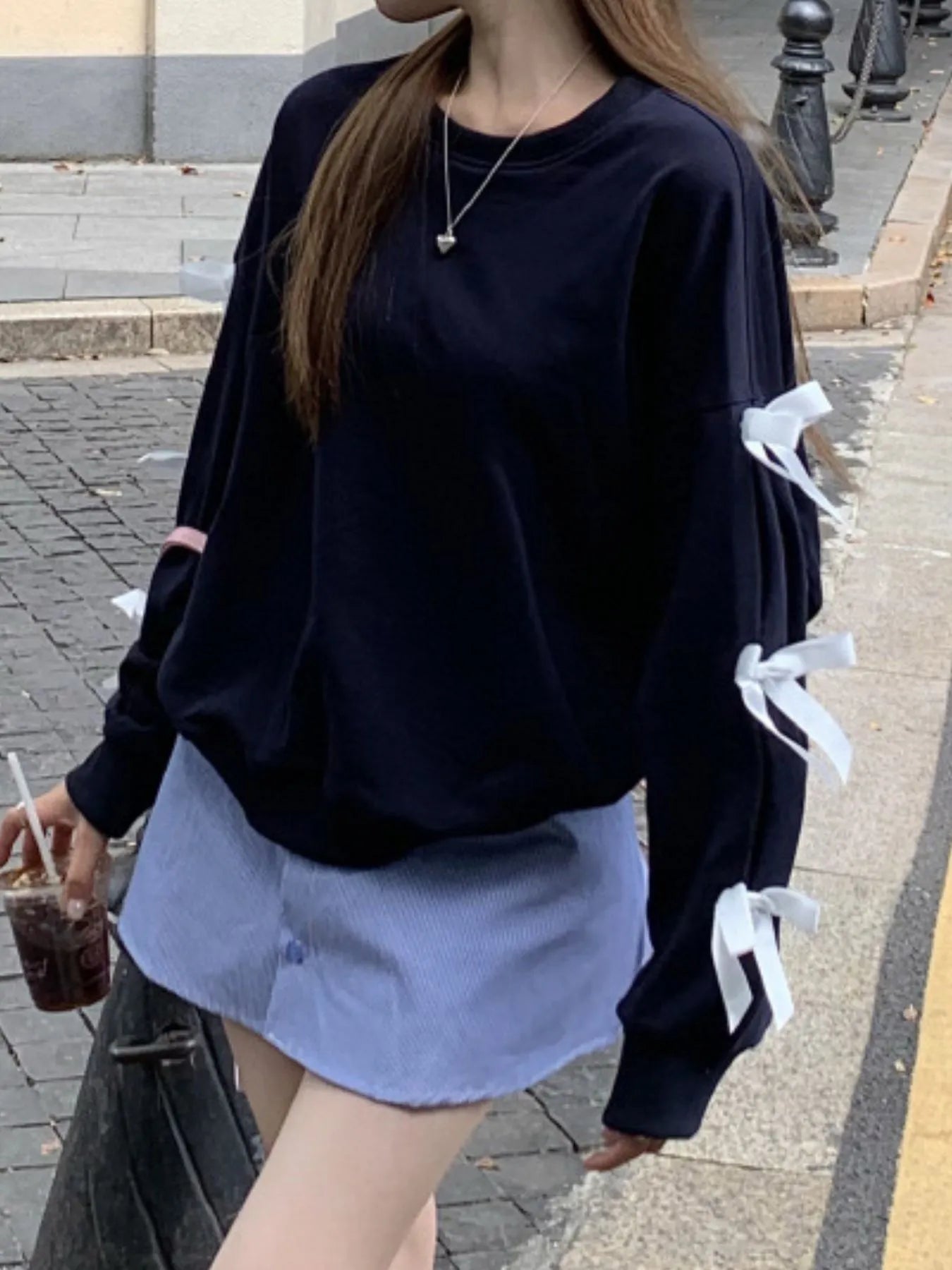 Bow-Detailed Sleeve Round Neck Sweatshirt for Women - Slightly Stretchy 100% Polyester