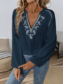 Paisley Pattern Notched Long Sleeve Blouse Navy Blue