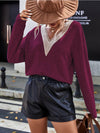 Lace Detail V-Neck Long Sleeve Top for Women - Slightly Stretchy, Opaque 100% Polyester - Store 42