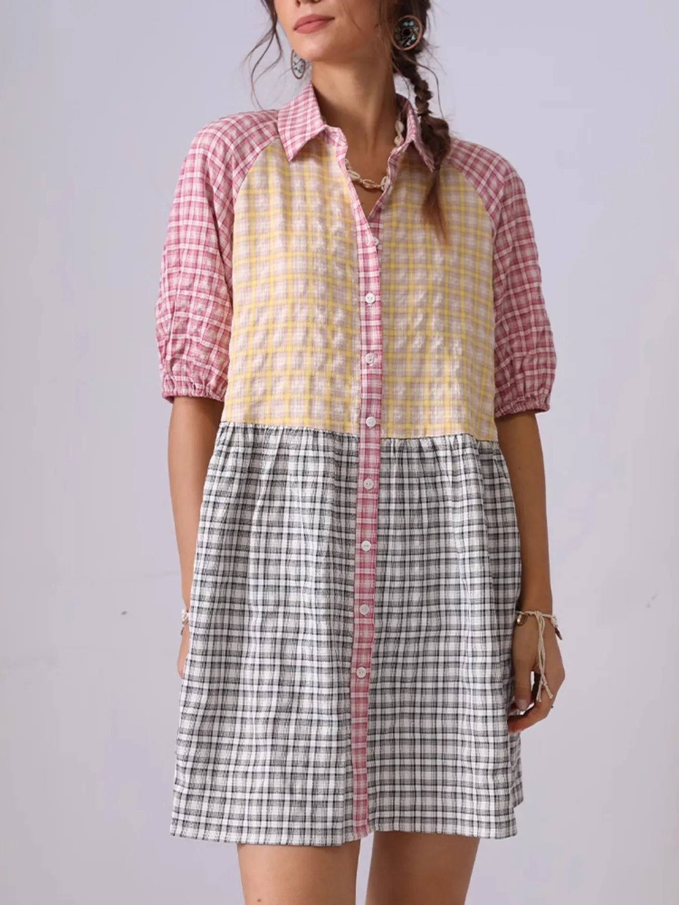 Vibrant Gingham Shirt Dress for Women - Stylish Buttoned Design, Cotton-Nylon Blend, Imported