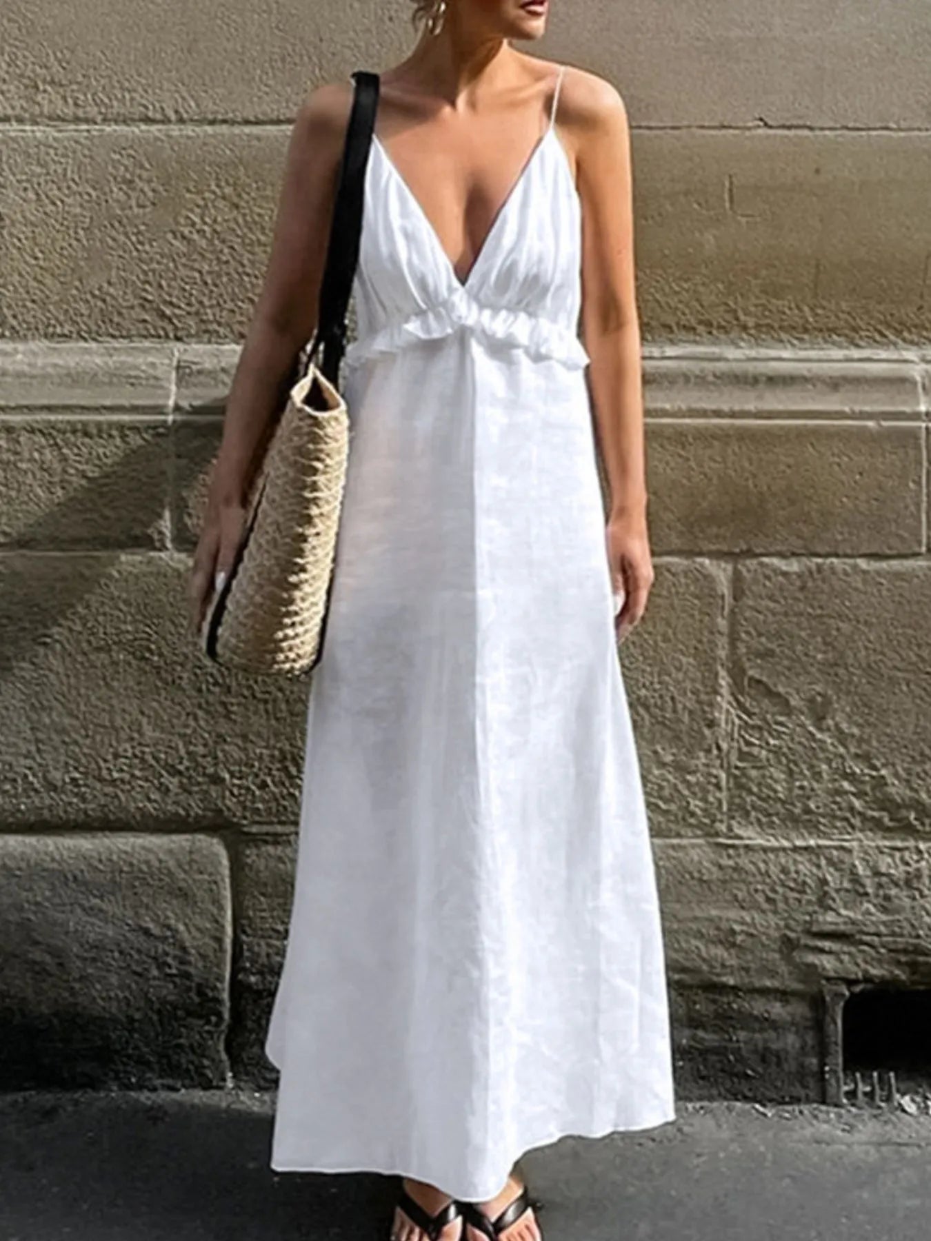 Elegant Ruffled V-Neck Maxi Dress Made From 100% Cotton - Lined and Non-Stretch Style