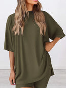 Full Size Oversized Round Neck Top and Shorts Set Plus Size Army Green