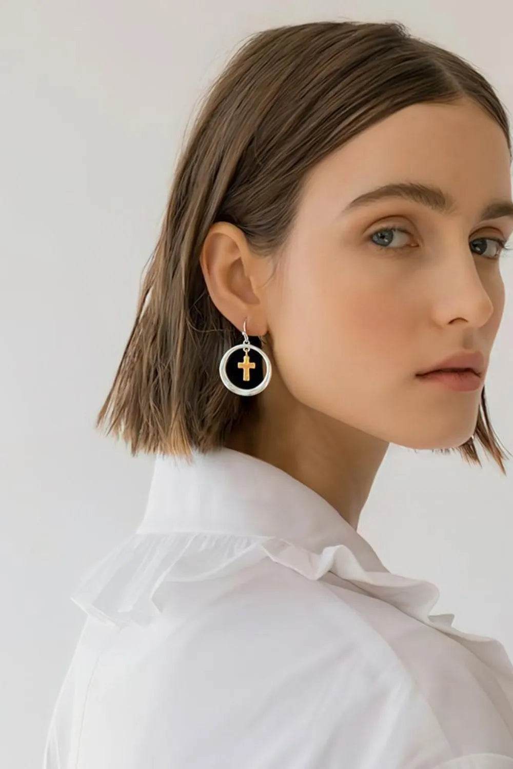 Elegant Brass Contrast Cross Dangle Earrings - Gold-Plated, Unique Design