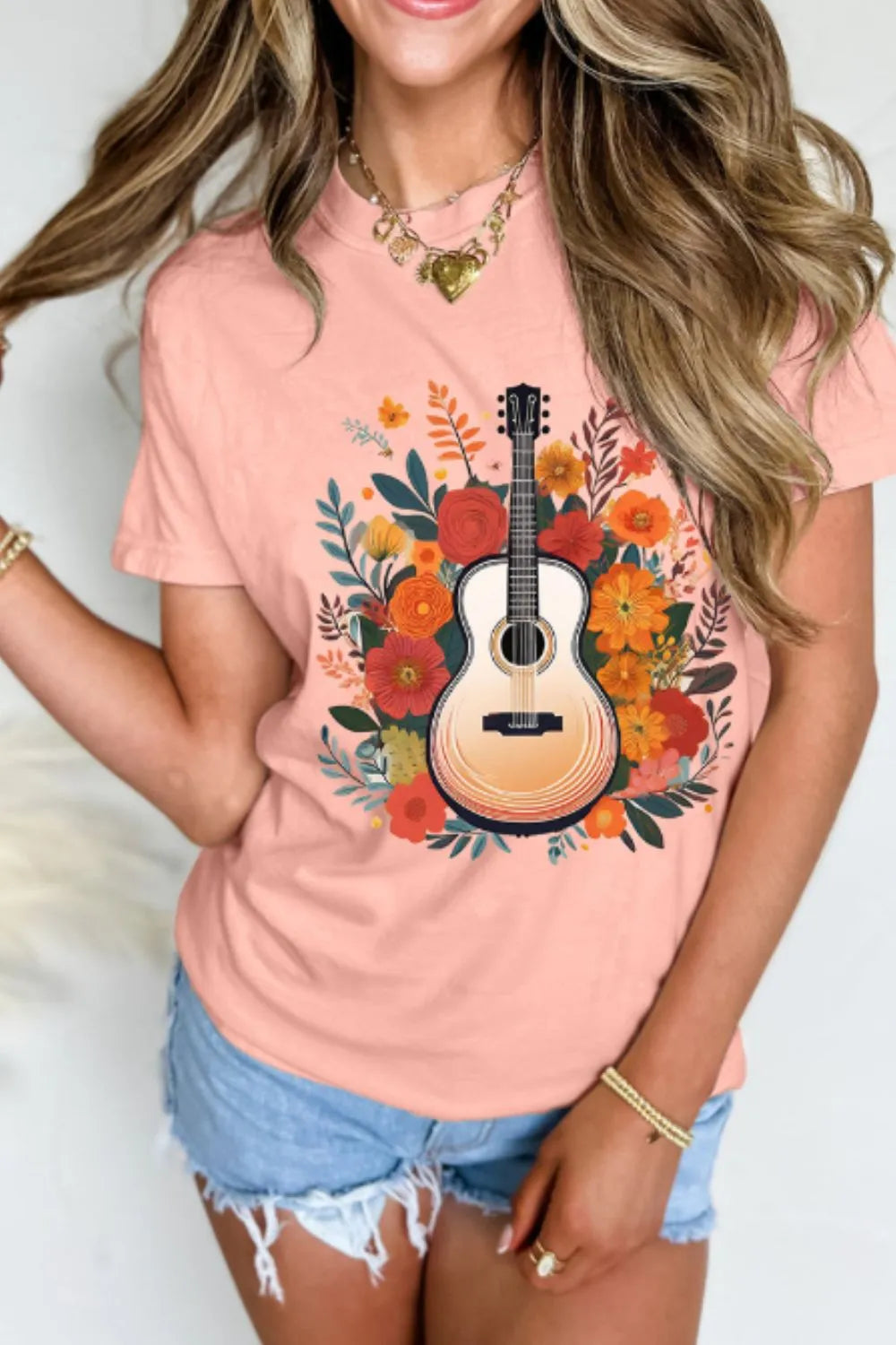 Stylish Guitar Flower Print Crew Neck T-Shirt - Loose Fit, Slightly Stretchy, Casual Style