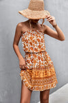 Bohemian Frill Trim Strapless Dress Caramel