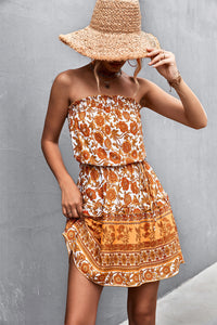 Bohemian Frill Trim Strapless Dress Caramel