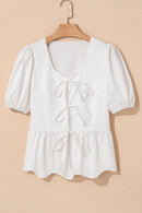 Bow Knot Decor Square Neck Puff Sleeve Peplum Top