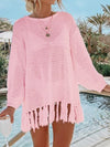 Angel Wings Openwork Tassel Hem Long Sleeve Knit Cover Up Blush Pink