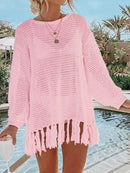 Angel Wings Openwork Tassel Hem Long Sleeve Knit Cover Up Blush Pink