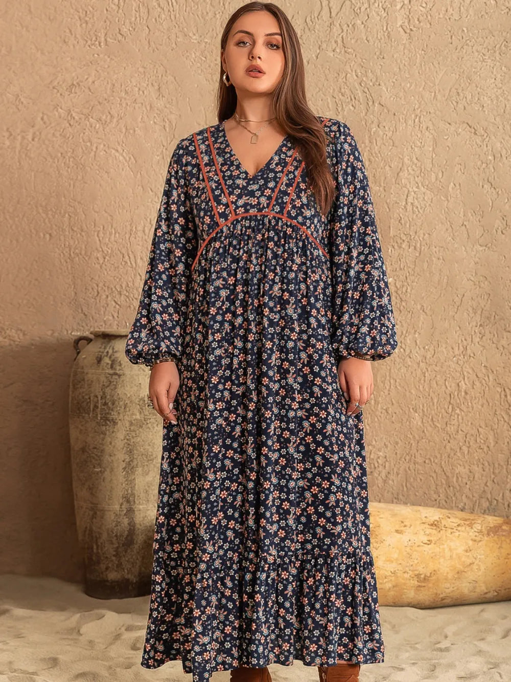 Stylish Plus Size Printed V-Neck Dress With Balloon Sleeves - 100% Viscose, Opaque, Comfortable Fit