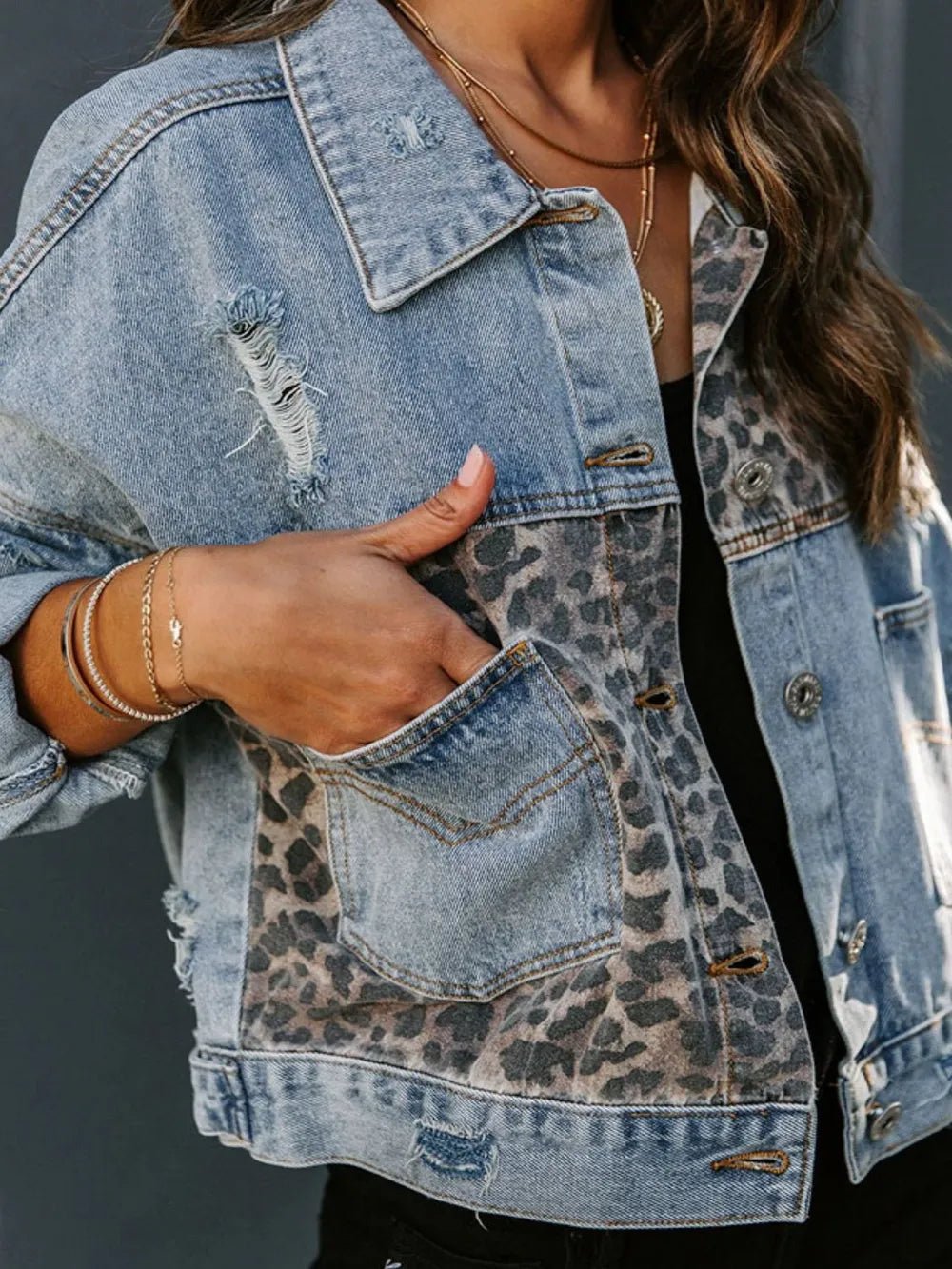 Distressed Leopard Print Drop Shoulder Denim Jacket with Pockets - Trendy Casual Outerwear