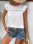 Elegant Eyelet Round Neck Cap Sleeve Top - 95% Polyester, No Stretch, Imported - Store 42