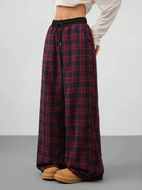 Plaid Wide Leg Pants with Drawstring Waist Scarlet