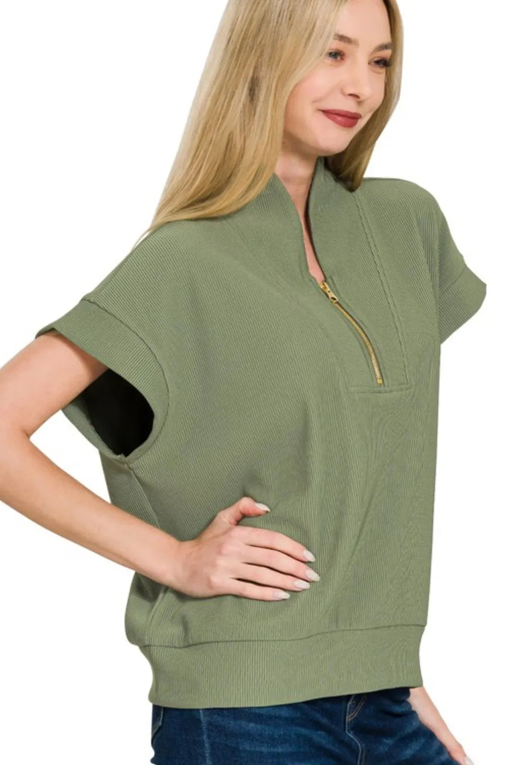 Zenana Ribbed High Neck Half Zip Top - Stylish Versatile Layering Piece with Moderate Stretch