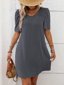 Textured Round Neck Short Sleeve Mini Dress Dark Gray
