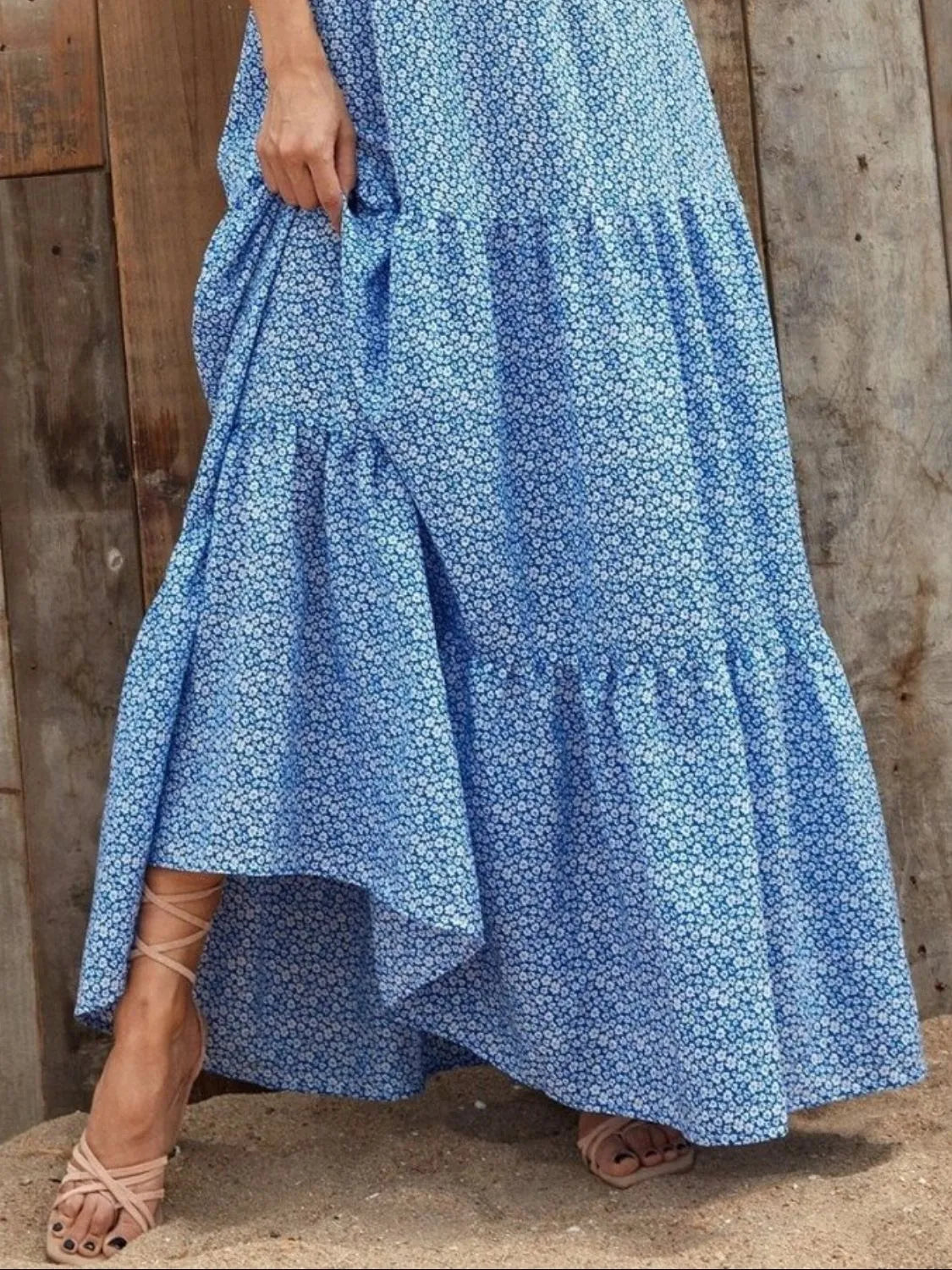 Elegant Printed V-Neck Ruffled Cap Sleeve Maxi Dress - 100% Polyester, Non-Stretch