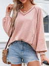Exposed Seam Ribbed Knit V Neck Top Dusty Pink