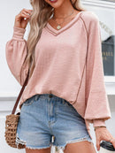 Exposed Seam Ribbed Knit V Neck Top Dusty Pink