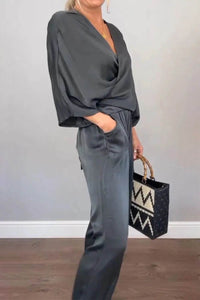 Full Size Wrap Surplice Top and Pants Set Plus Size - Store 42